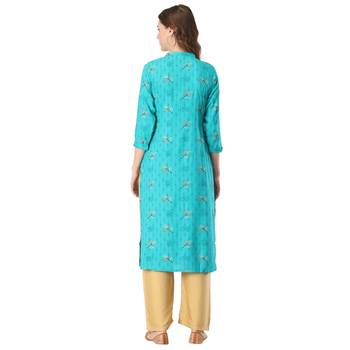 Turquoise printed rayon long-kurtis 2