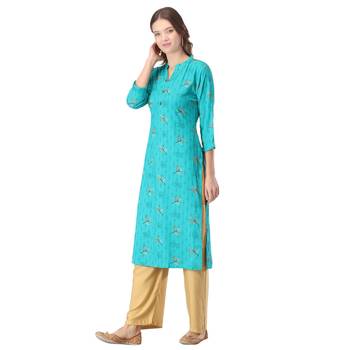 Turquoise printed rayon long-kurtis 3