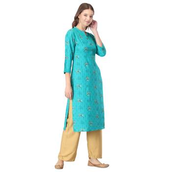 Turquoise printed rayon long-kurtis 4