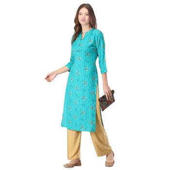 Turquoise printed rayon long-kurtis 5