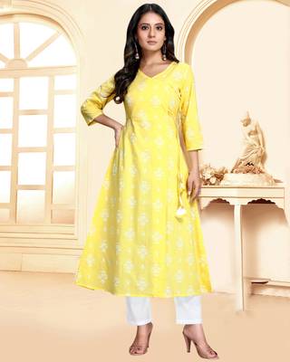Yellow printed cotton ethnic-kurtis 1