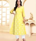 Yellow printed cotton ethnic-kurtis
