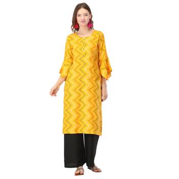 Yellow printed rayon long-kurtis 1