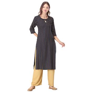 Navy-blue printed rayon long-kurtis 1