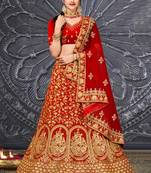 Red thread embroidery velvet semi stitched lehenga