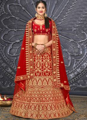Red thread embroidery velvet semi stitched lehenga 1