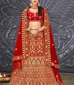 Red thread embroidery velvet semi stitched lehenga