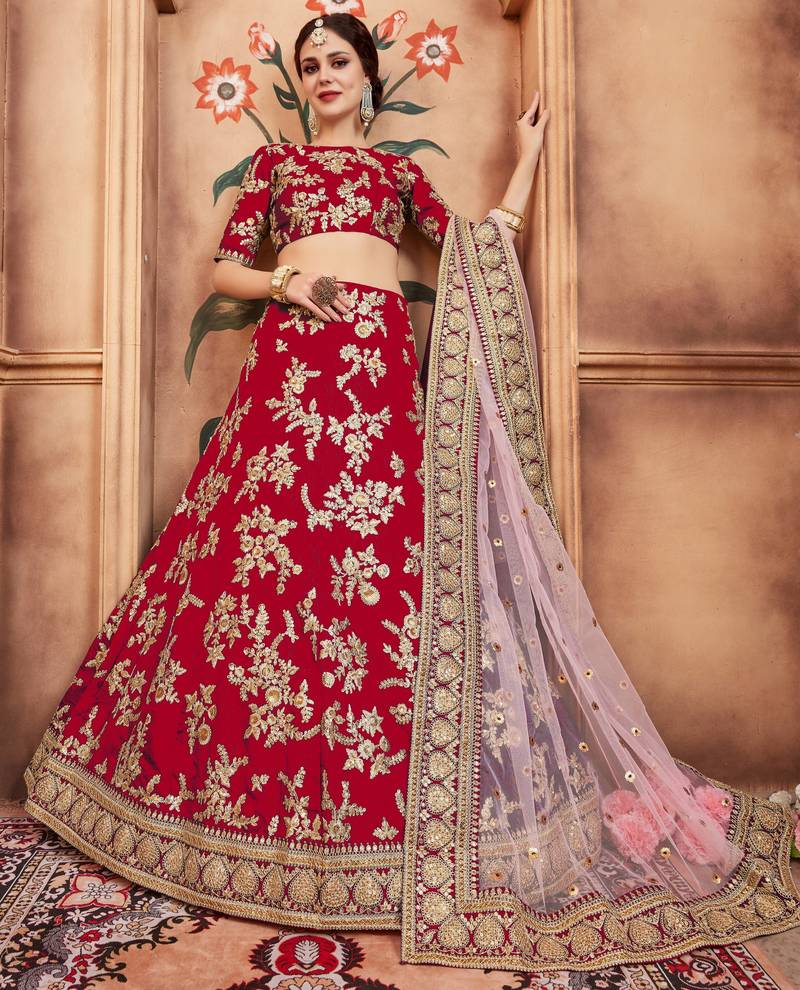 Mesmerizing Red Gold Dori, Matte Sequins Embroidered Bangalory Silk Semi Stitched wedding lehenga