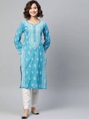 Ada Hand Embroidered Blue Cotton Lucknow Chikan Kurta - A220733 1