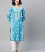 Ada Hand Embroidered Blue Cotton Lucknow Chikan Kurta - A220733