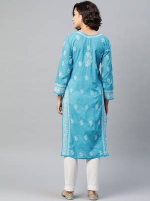 Ada Hand Embroidered Blue Cotton Lucknow Chikan Kurta - A220733 2