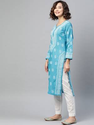Ada Hand Embroidered Blue Cotton Lucknow Chikan Kurta - A220733 4