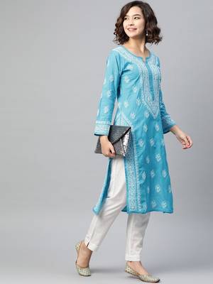 Ada Hand Embroidered Blue Cotton Lucknow Chikan Kurta - A220733 5