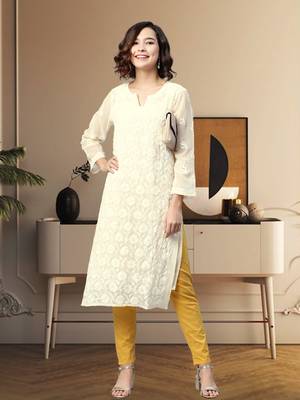 Ada Hand Embroidered Cream Georgette Lucknow Chikankari Kurta With Slip - A90408 1