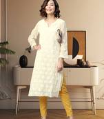 Ada Hand Embroidered Cream Georgette Lucknow Chikankari Kurta With Slip - A90408