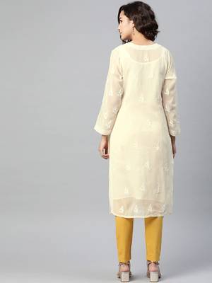 Ada Hand Embroidered Cream Georgette Lucknow Chikankari Kurta With Slip - A90408 2