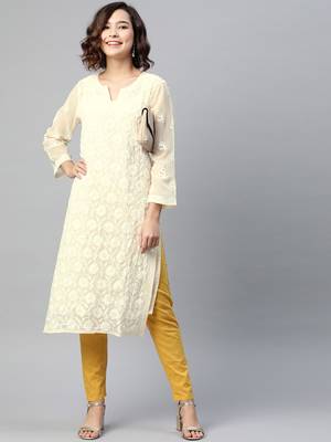 Ada Hand Embroidered Cream Georgette Lucknow Chikankari Kurta With Slip - A90408 3