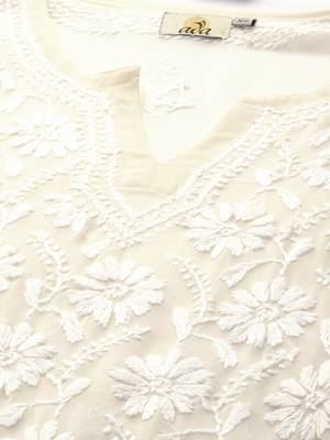 Ada Hand Embroidered Cream Georgette Lucknow Chikankari Kurta With Slip - A90408 4
