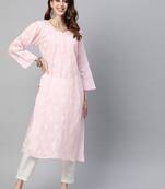 Hand Embroidered Pink Cotton Lucknowi Chikankari Indian Women Kurta