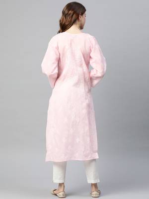 Hand Embroidered Pink Cotton Lucknowi Chikankari Indian Women Kurta 2