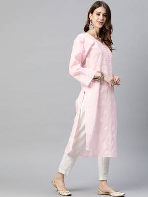 Hand Embroidered Pink Cotton Lucknowi Chikankari Indian Women Kurta 3