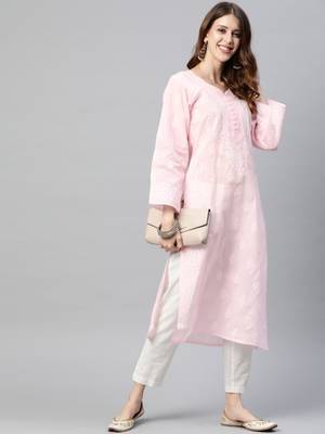 Hand Embroidered Pink Cotton Lucknowi Chikankari Indian Women Kurta 4