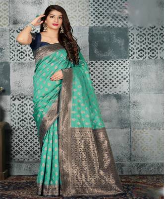 Turquoise  Woven Banarsi Silk Saree 1