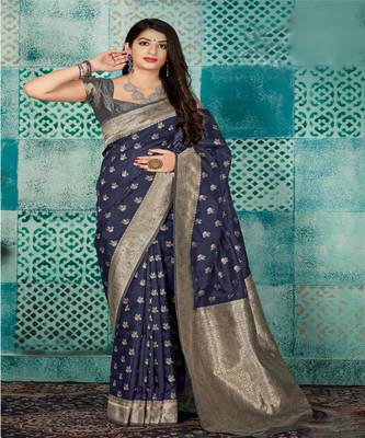 Navy Blue Woven Banarsi Silk Blend Saree 1