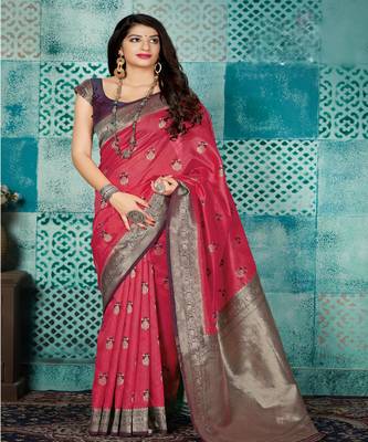 Rani Pink Woven Banarsi Silk Blend Saree 1
