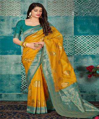 Yellow Woven Banarsi Silk Saree 1