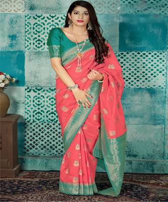 Baby Pink Woven Banarsi Silk Blend Saree 1