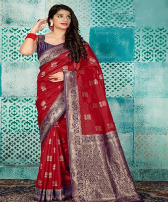 Red Woven Banarsi Silk Blend Saree 1
