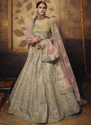 Olive thread embroidery net semi stitched lehenga 1