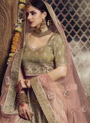 Olive thread embroidery net semi stitched lehenga 2