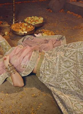 Olive thread embroidery net semi stitched lehenga 3