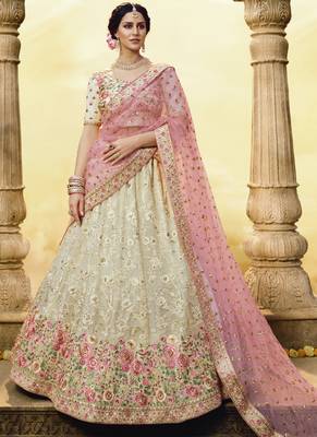 Off-white thread embroidery georgette semi stitched lehenga 1