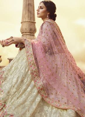 Off-white thread embroidery georgette semi stitched lehenga 2