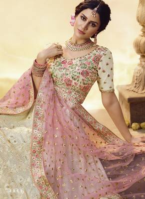 Off-white thread embroidery georgette semi stitched lehenga 4