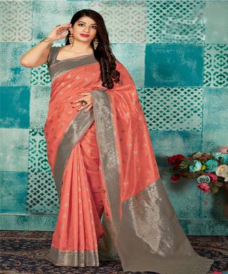 Peach Woven Banarsi Silk Blend Saree 1