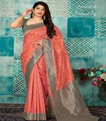 Peach Woven Banarsi Silk Blend Saree