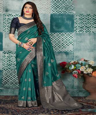 Teal  Woven Banarsi Silk Blend Saree 1