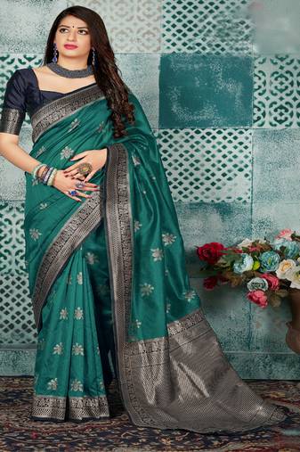 Teal  Woven Banarsi Silk Blend Saree