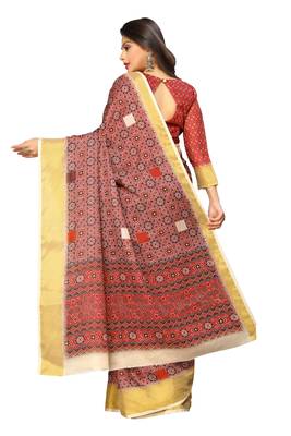 Pink printed pure polyester saree with blouse 4