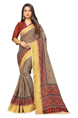 Olive printed pure polyester saree with blouse 2