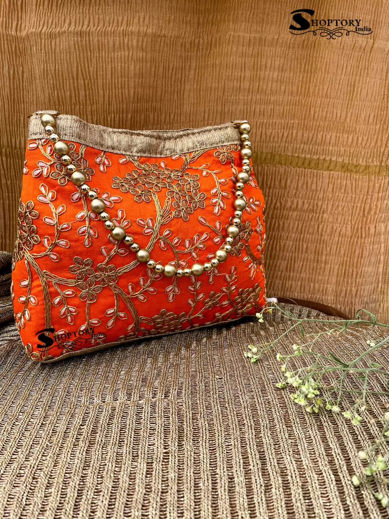 Shoptory India Handicraft Women's Silk Ethnic Rajasthani Hand Bag , Orange