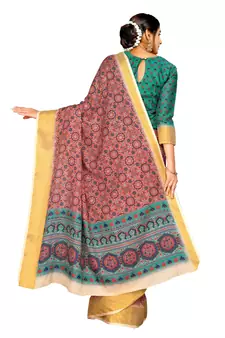 Pink printed pure polyester saree with blouse