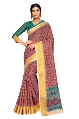 Pink printed pure polyester saree with blouse 2