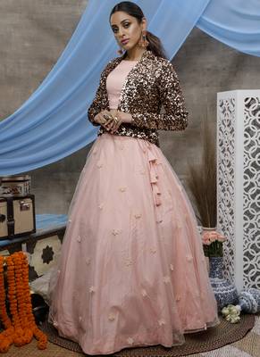 Baby-pink thread embroidery net semi stitched lehenga 1
