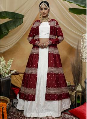 White thread embroidery cotton semi stitched lehenga 1