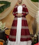 White thread embroidery cotton semi stitched lehenga